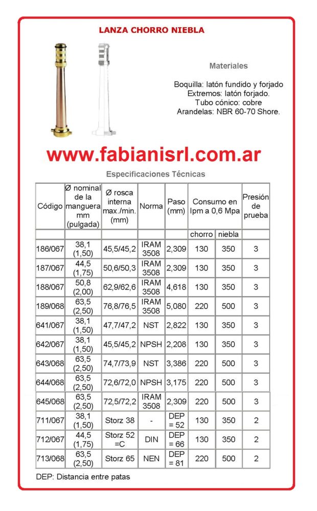 FabianiSRL - lanza incendio chorro niebla - especificaciones